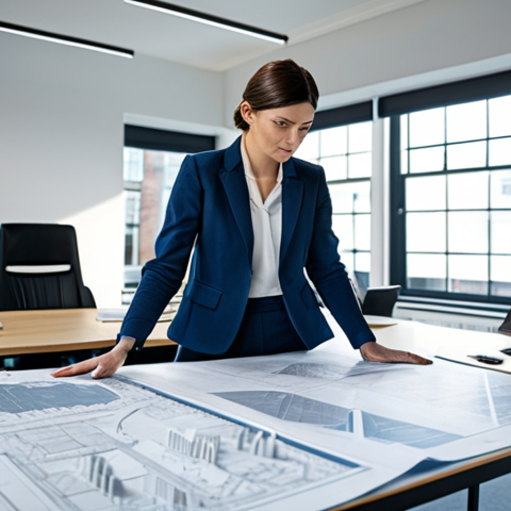 **

A professional female architect in a modern, brightly lit office. She is reviewing blueprints spread out on a large desk, wearing a stylish yet modest business outfit – perhaps a blazer and trousers or a knee-length skirt. The background features architectural models and computer monitors displaying building designs. Natural light streams in through large windows.  Safe for work, appropriate content, fully clothed, professional, perfect anatomy, correct proportions, natural pose, well-formed hands, proper finger count, natural body proportions, high resolution, detailed textures.

**