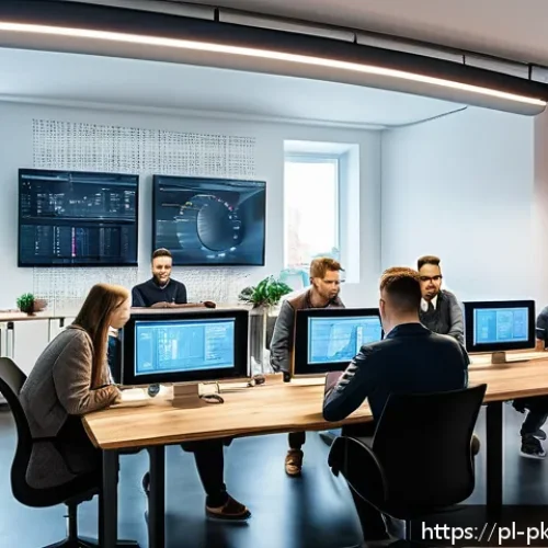 Home 32 자연어 처리 모델 튜닝의 장점과 단점 - A modern office scene showing a diverse team of Polish software developers collaborating around a la...