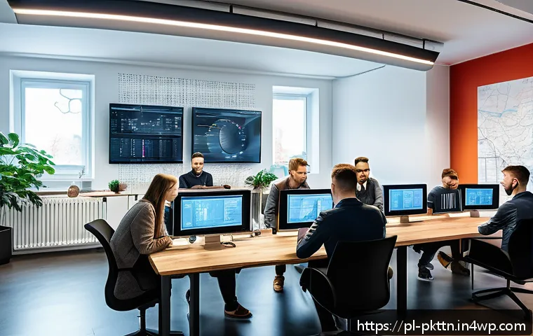 자연어 처리 모델 튜닝의 장점과 단점 - A modern office scene showing a diverse team of Polish software developers collaborating around a la...