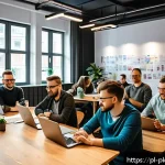Home 18 자연어 처리 모델 튜닝을 위한 커뮤니티 및 포럼 소개 - A modern Polish tech meetup scene in a spacious co-working space in Warsaw, featuring diverse young ...