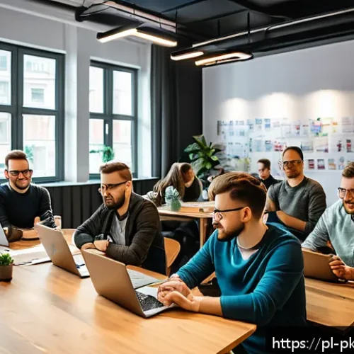 Home 30 자연어 처리 모델 튜닝을 위한 커뮤니티 및 포럼 소개 - A modern Polish tech meetup scene in a spacious co-working space in Warsaw, featuring diverse young ...